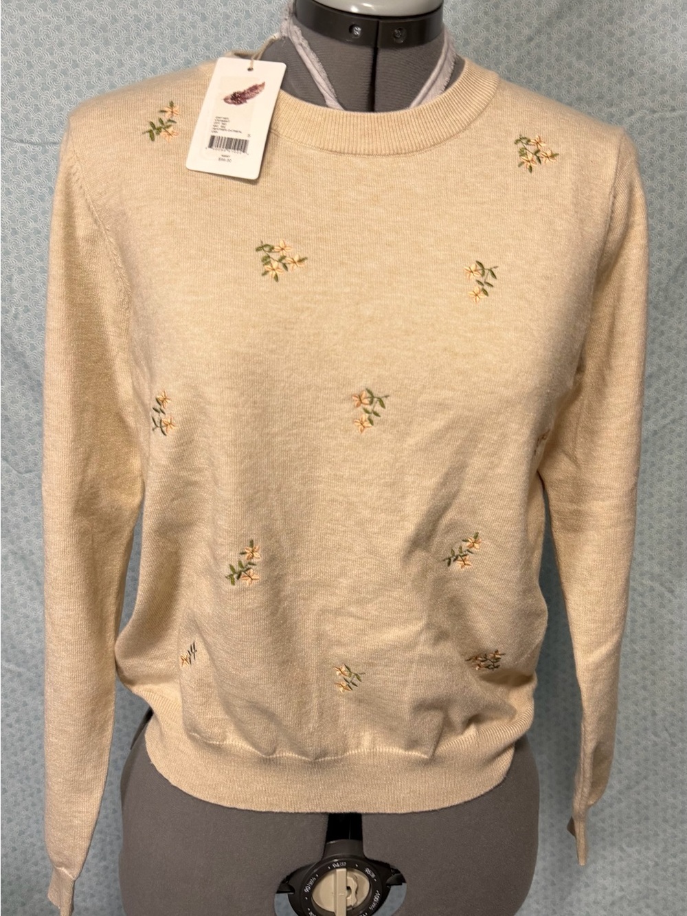 Chelsea & Violet Cream Crewneck Sweater with Embroidered Floral Accents